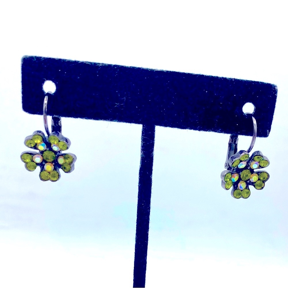 Vintage Joan Rivers Gun Metal Floral Design With Green & Clear Dangle Earrings